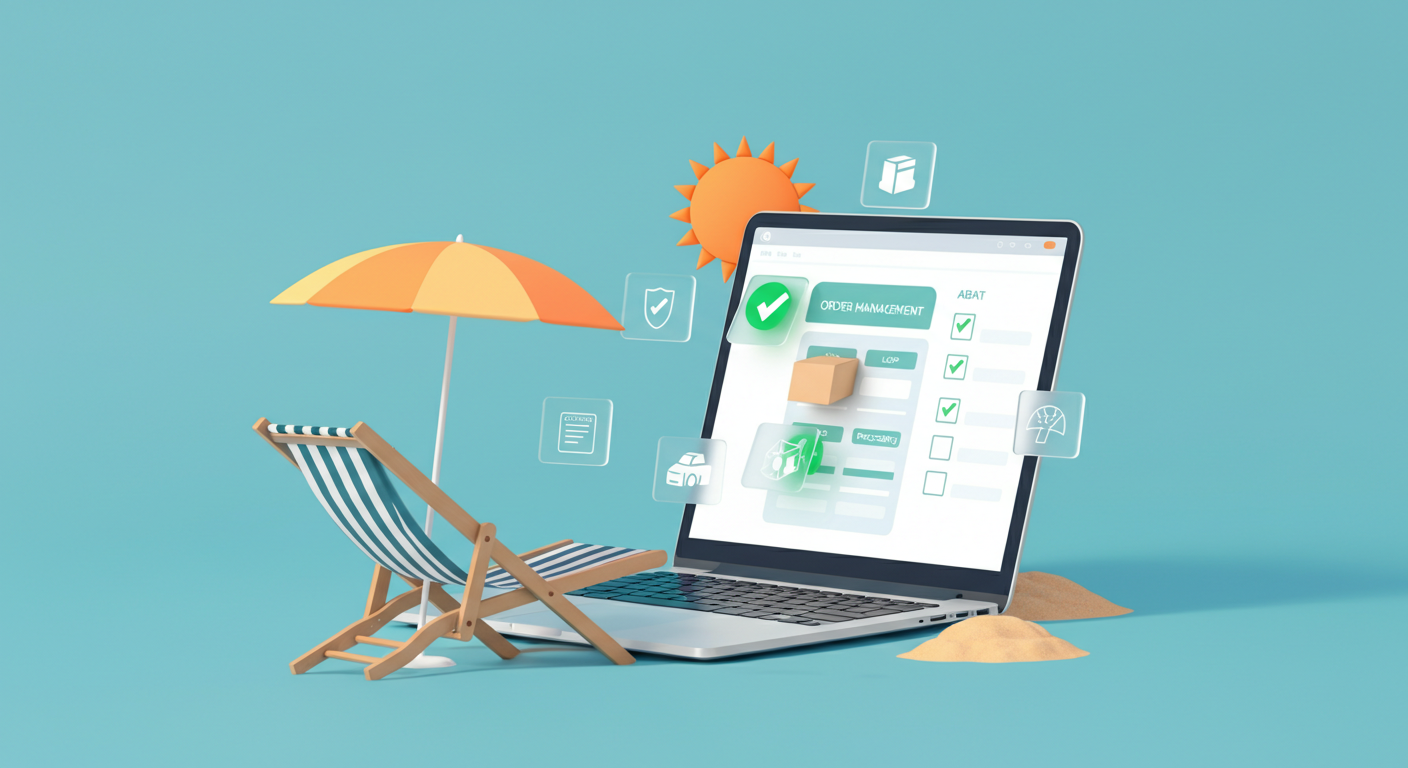 Laptop op een ligstoel op het strand met een Bol.com dashboard vol automatisch verwerkte orders