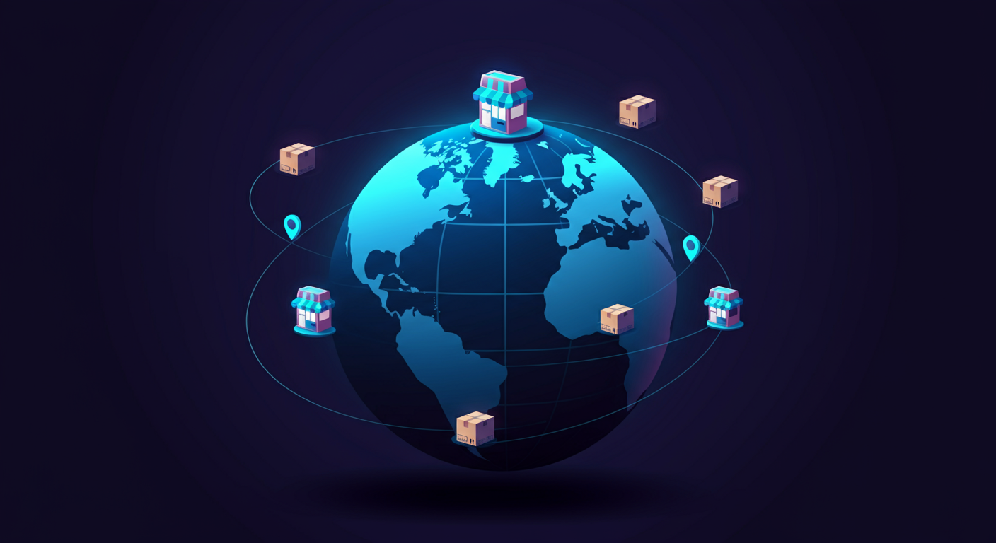 Wereldbol met verzendroutes naar bol.com marktplaats, die internationale verkopersconcurrentie verbeeldt