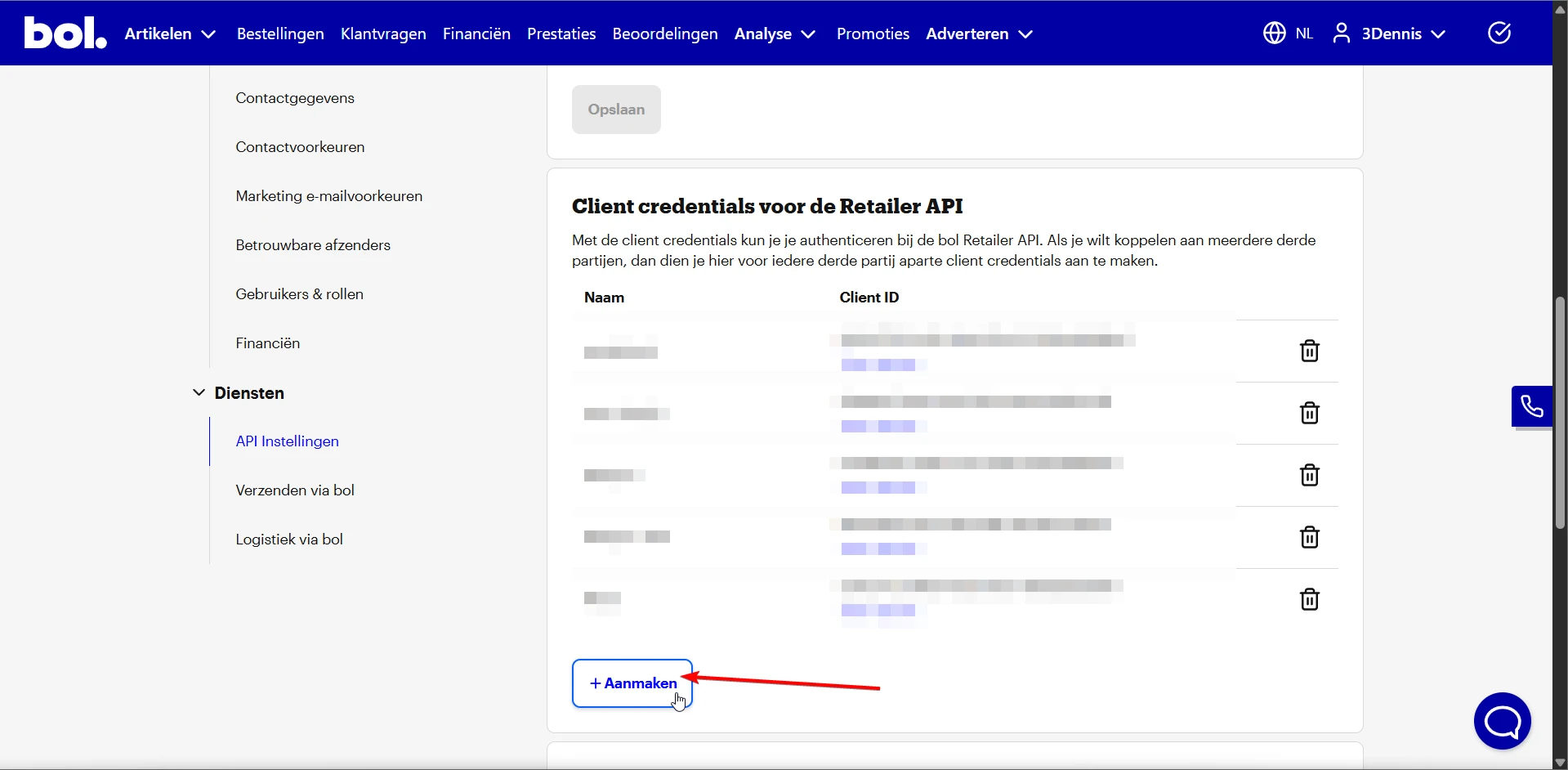 De sectie Client credentials voor de Retailer API met daarin de knop Aanmaken.