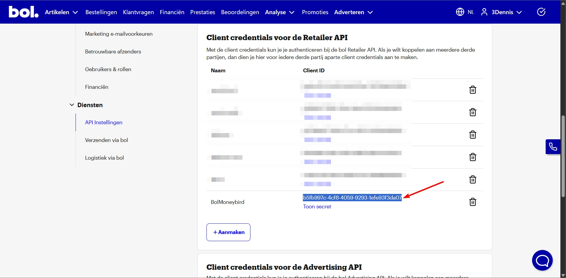 De lijst met aangemaakte API-credentials, met de Client ID en de knop Toon secret.