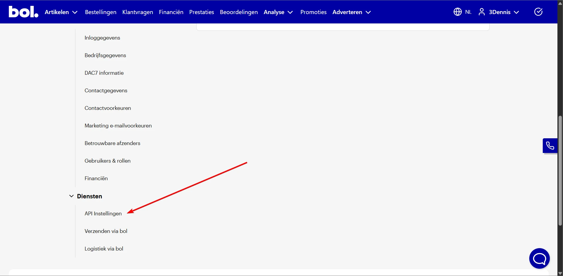 De instellingenpagina van Bol.com met onder het kopje Diensten de link API Instellingen.