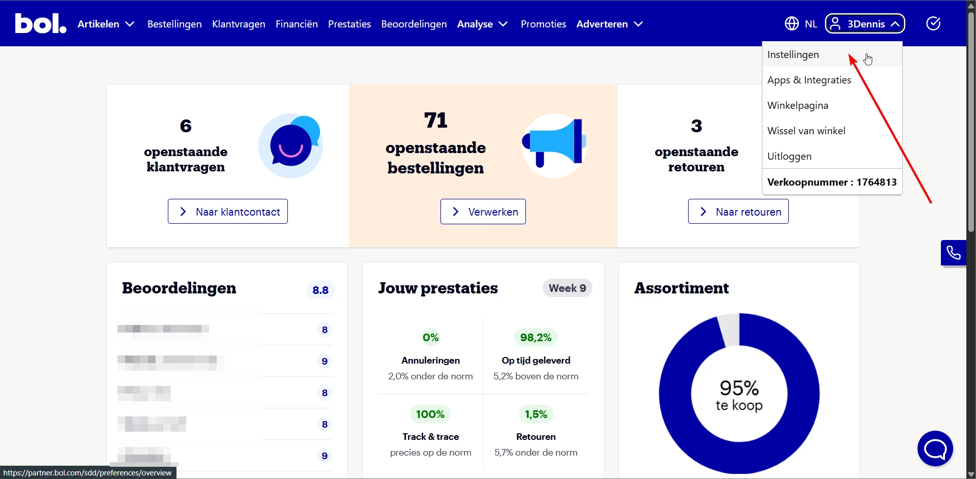 Het Bol.com partnerdashboard met het accountmenu rechtsboven opengeklapt en Instellingen zichtbaar.