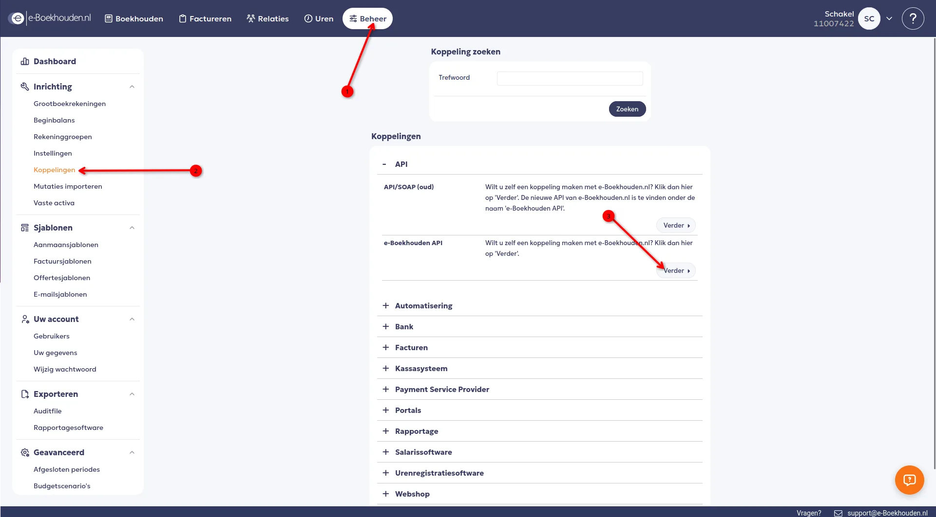 De pagina Koppelingen in e-Boekhouden, met het menu Beheer, Koppelingen in de linkerkolom en het API-blok met de regels API/SOAP (oud) en e-Boekhouden API.