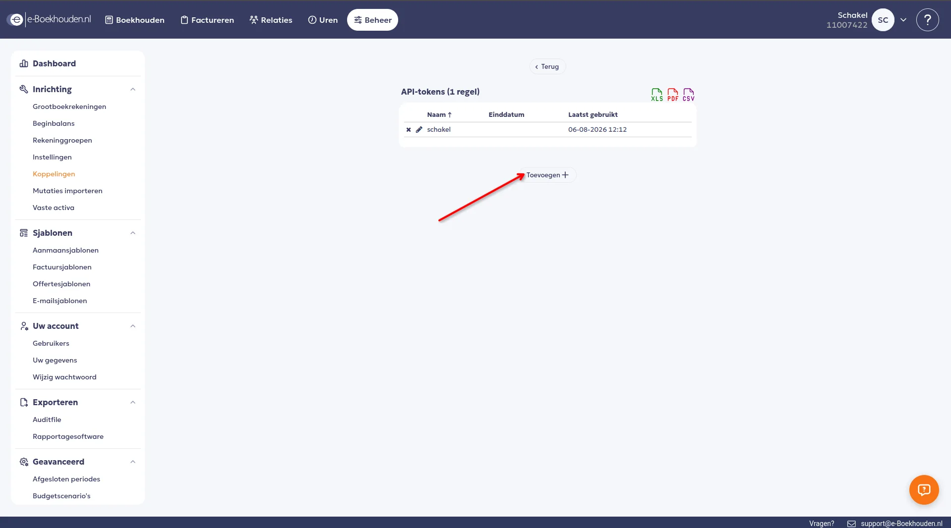 Het overzicht API-tokens in e-Boekhouden, met de knop Toevoegen eronder.