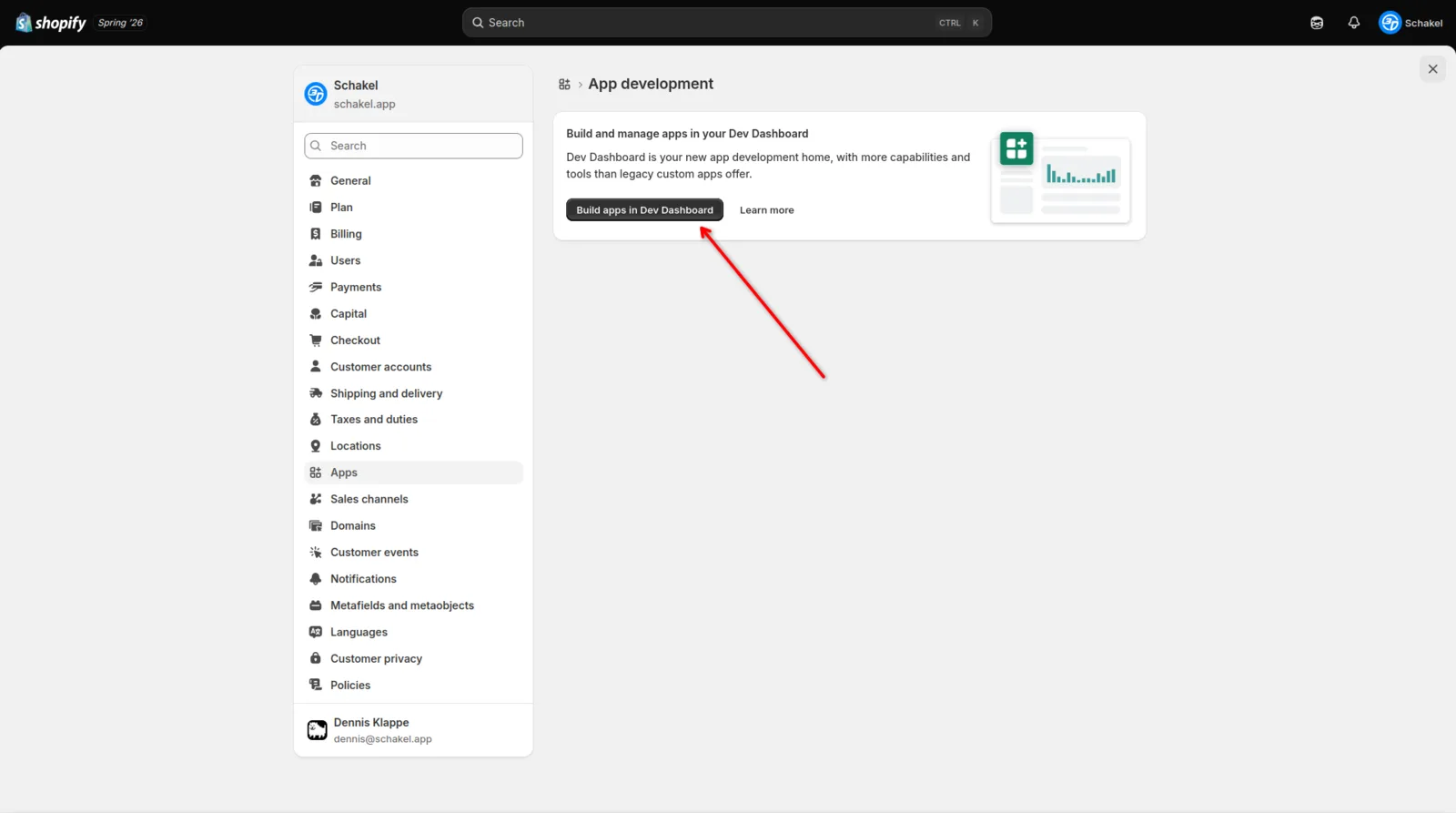 De App development-pagina met de knop Build apps in Dev Dashboard.