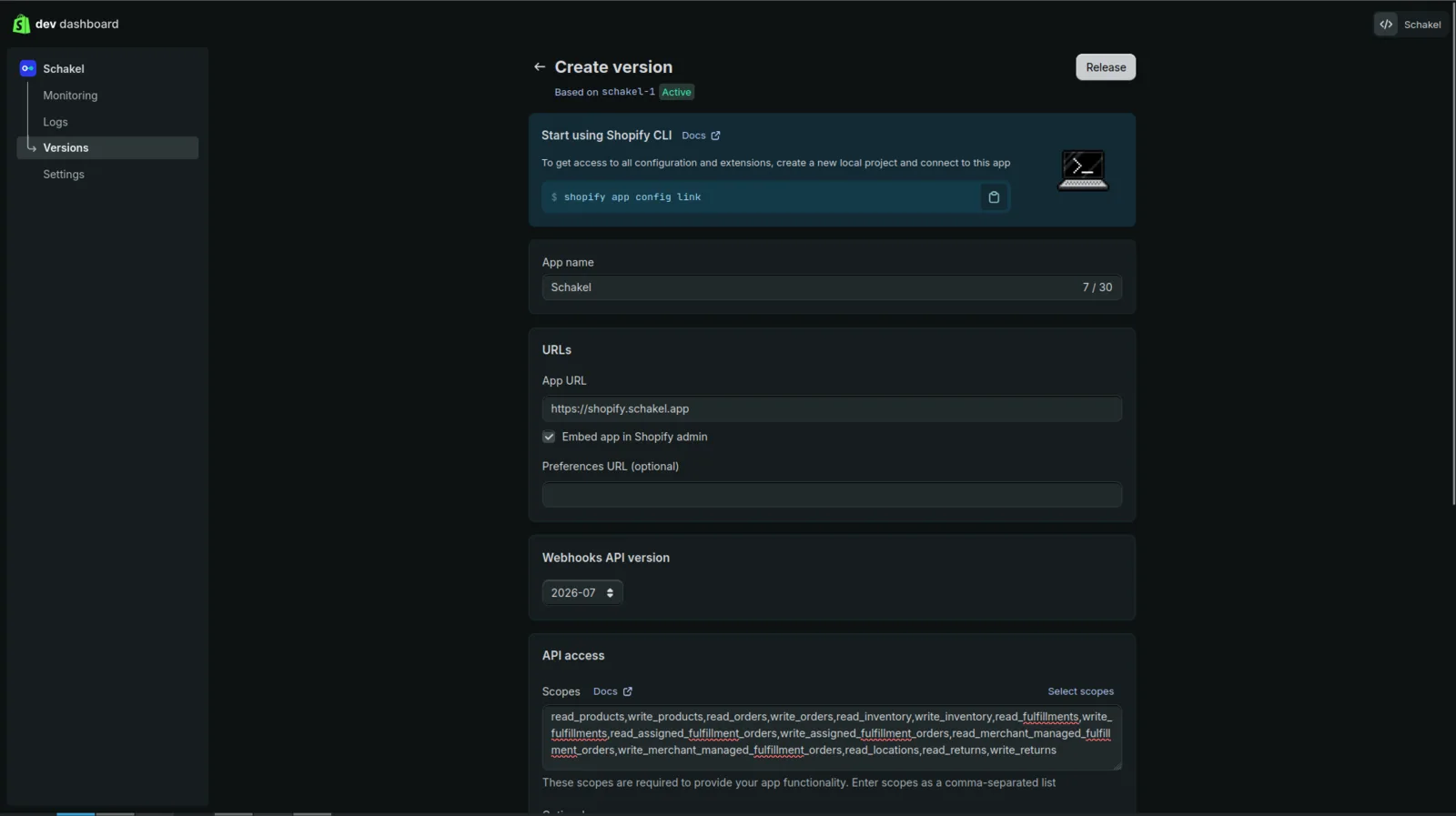Het scherm Create version met App URL, de API-versie en de scopes ingevuld.