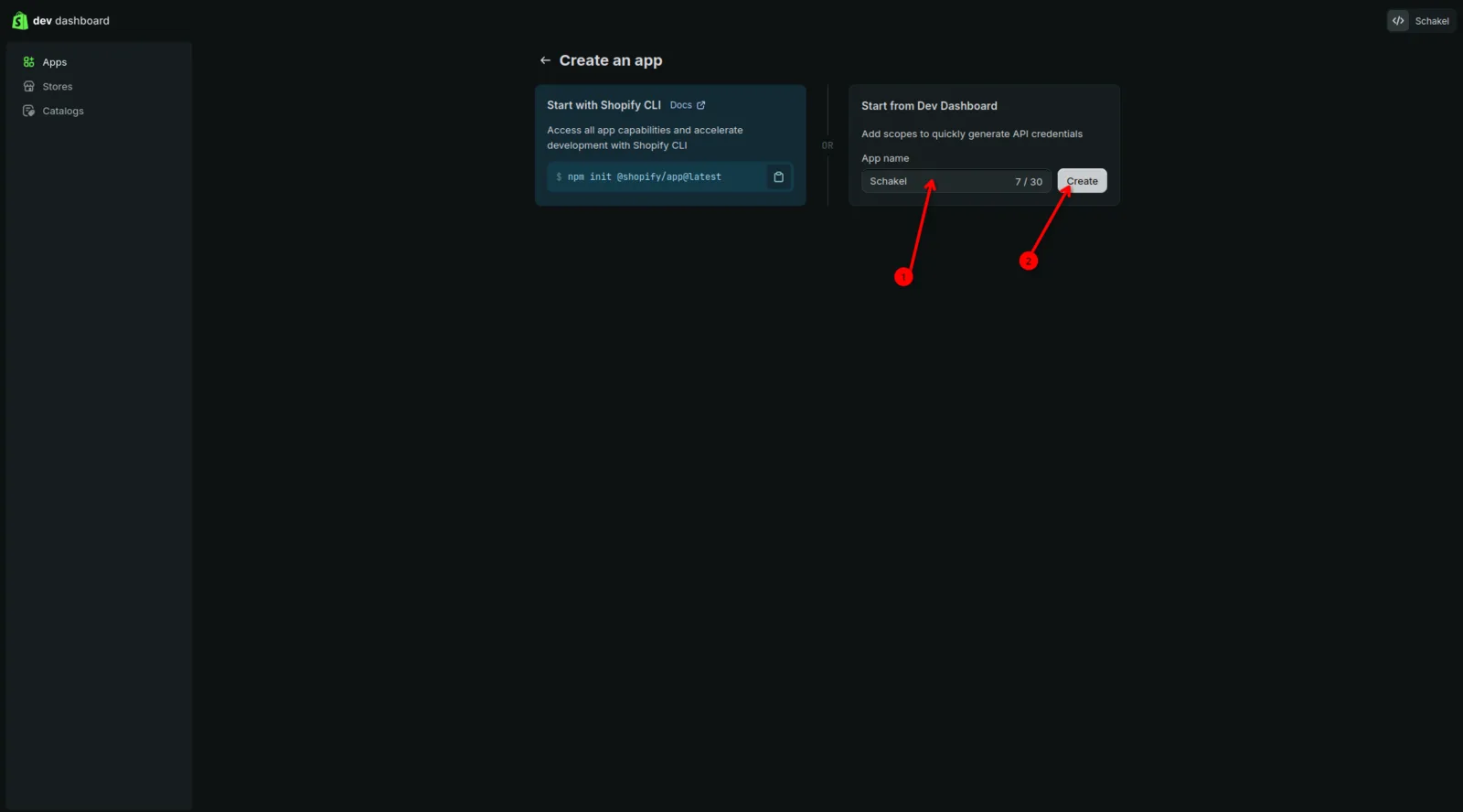 Het scherm Create an app met App name ingevuld met Schakel en de knop Create.