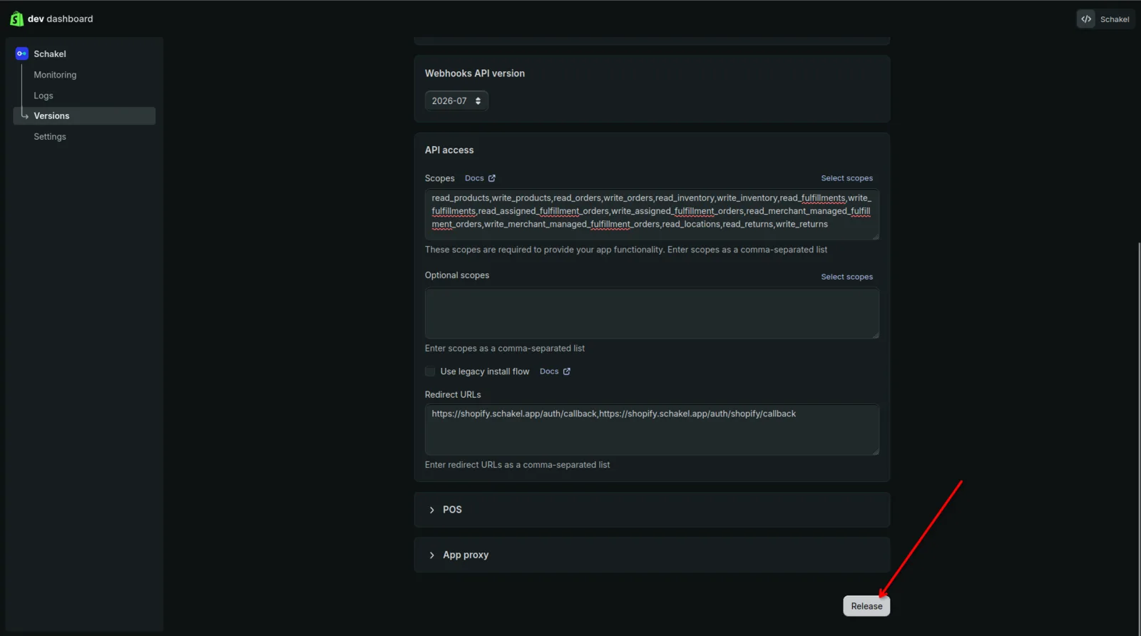Het onderste deel van Create version met de scopes, de Redirect URLs en de knop Release.